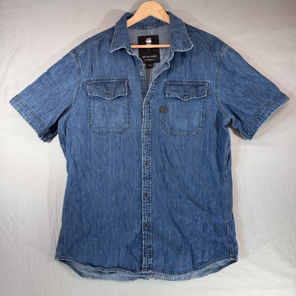 G-Star Raw Denim Pearl Snap Shirt Mens Large Blue Short Sleeve Western